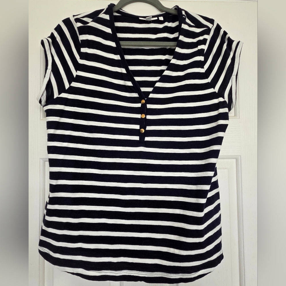 Chico's Size 2 Cap Sleeve Stripe Tee Shirt Navy Blue White Nautical L